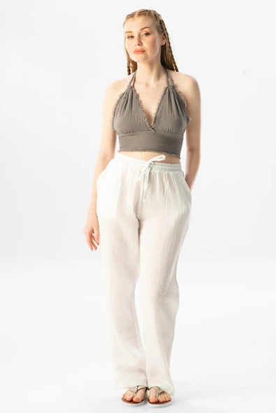 Göcek Bağlama Detaylı Yazlık Müslin Büstiyer Gri Gri L Gri - Resim 6