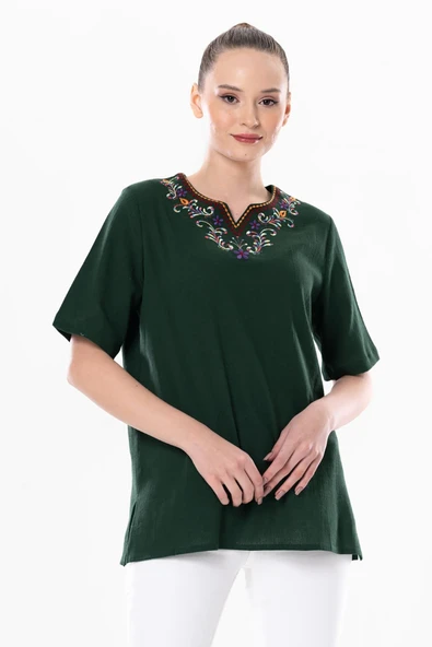 Kısa Kol Şile Bezi Gökkuşağı Nakış Detaylı Yazlık Bluz Yeşil Ysl 3XL Yeşil - 1
