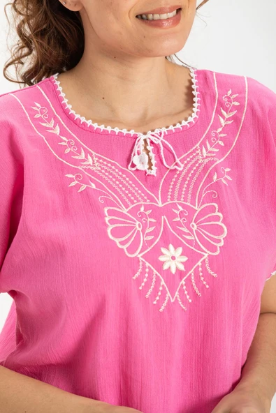 Kısa Kol Şile Bezi Naz Yazlık Bluz Pembe Pmb L Pembe - 3