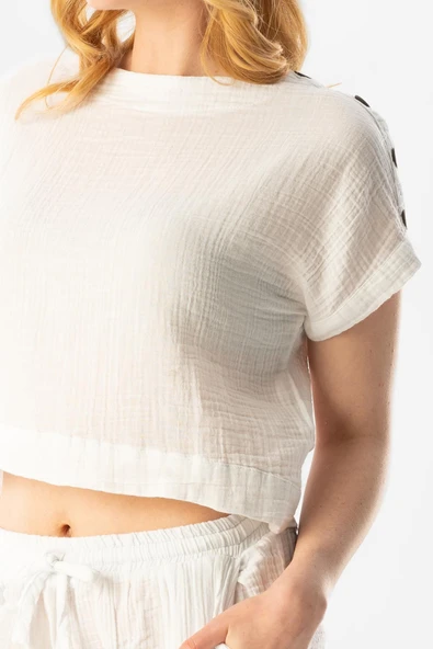 Kısa Kol İzel Yazlık Müslin Bluz Beyaz Byz S Beyaz - Resim 3