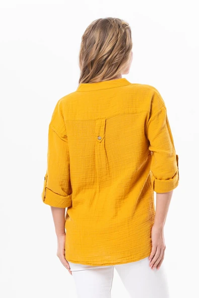 Uzun Kol Asu Yazlık Müslin Bluz Hardal Hrd 2XL-3XL Hardal - Resim 2