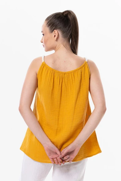 Askılı Alaçatı Yazlık Müslin Bluz Hardal Hrd 2XL-3XL Hardal - Resim 2