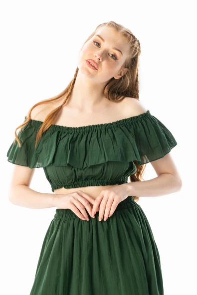 Kısa Kol Vual Lavinya Kayık Yaka Yazlık Bluz Yeşil Ysl 2XL-3XL Yeşil - Resim 6