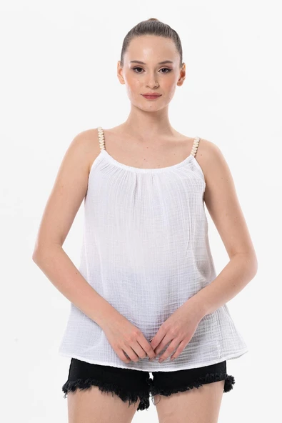 Askılı Alaçatı Yazlık Müslin Bluz Beyaz Byz S/M Beyaz - 1