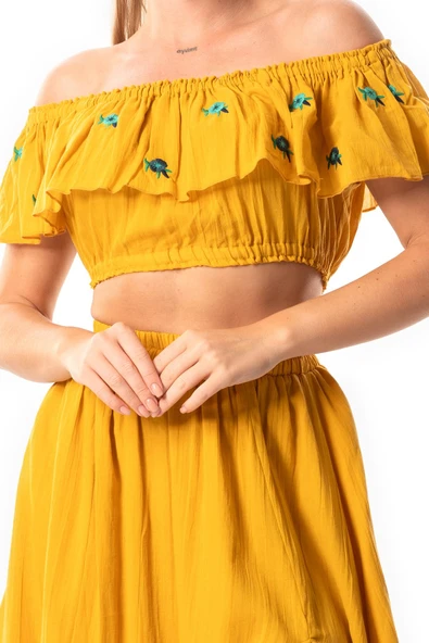 Lavinya Vual Lastik Detaylı Nakışlı Yazlık Crop Bluz Hardal Hrd S/M Hardal - Resim 3