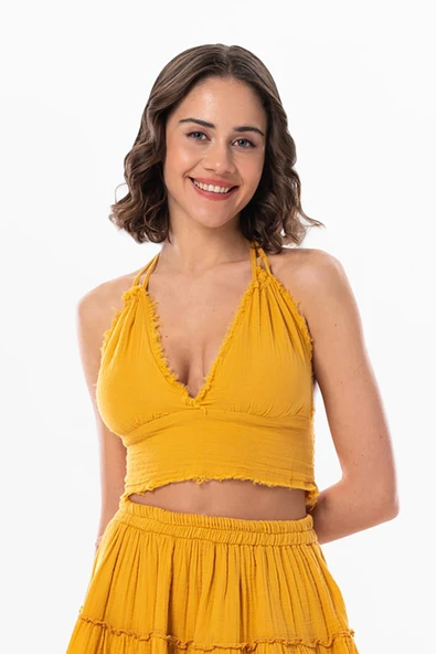 Göcek Bağlama Detaylı Yazlık Müslin Büstiyer Hardal Hrd 2XL Hardal ürün görseli