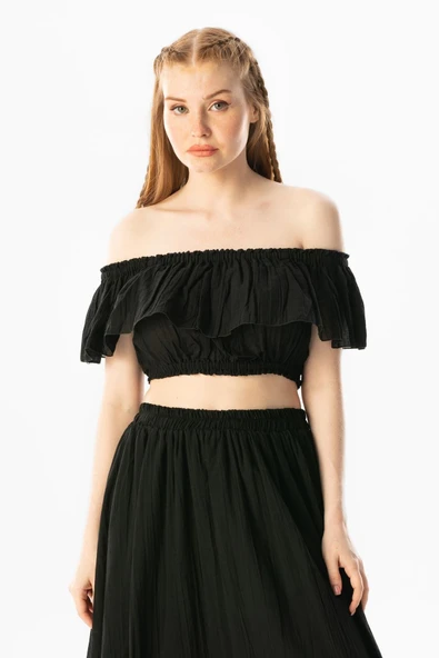 Kısa Kol Vual Lavinya Kayık Yaka Yazlık Bluz Siyah Syh 2XL-3XL Siyah ürün görseli