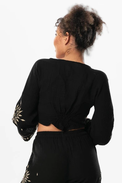 Uzun Kol Günışığı Büzgü Detaylı Yazlık Müslin Bluz Siyah Syh 2XL-3XL Siyah - Resim 2