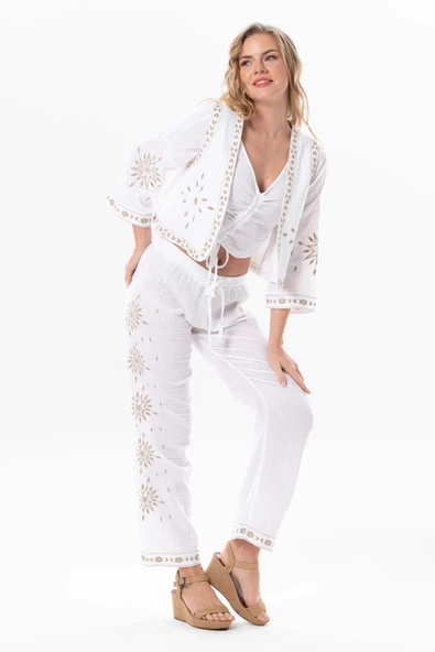 Uzun Kol Günışığı Büzgü Detaylı Yazlık Müslin Bluz Beyaz Byz 2XL-3XL Beyaz - Resim 6