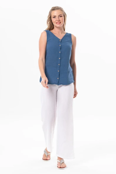 Kolsuz Melis Yazlık Müslin Bluz İndigo indg L İndigo - Resim 4