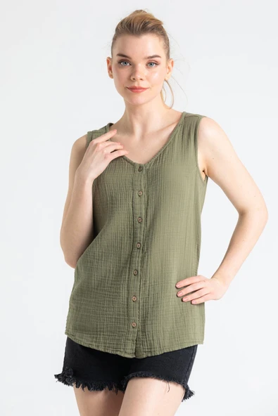 Kolsuz Melis Yazlık Müslin Bluz Haki Hk XL Haki - Resim 3
