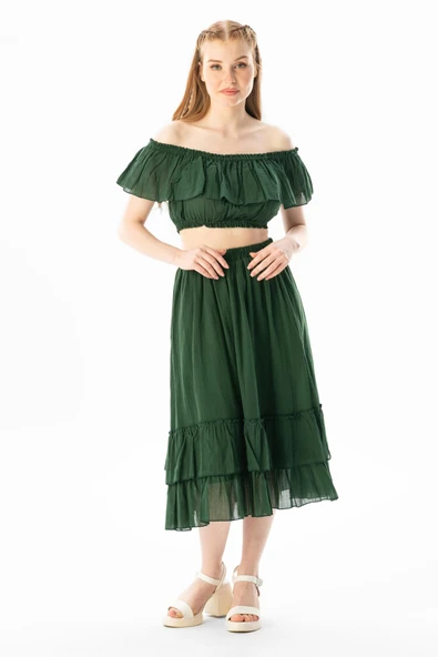 Kısa Kol Vual Lavinya Kayık Yaka Yazlık Bluz Yeşil Ysl 2XL-3XL Yeşil - Resim 4