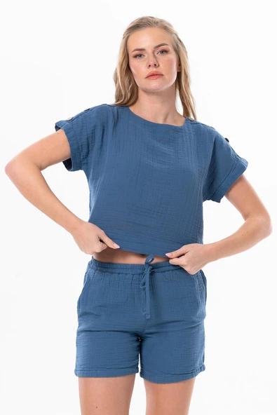 Kısa Kol İzel Yazlık Müslin Bluz İndigo indg S İndigo ürün görseli