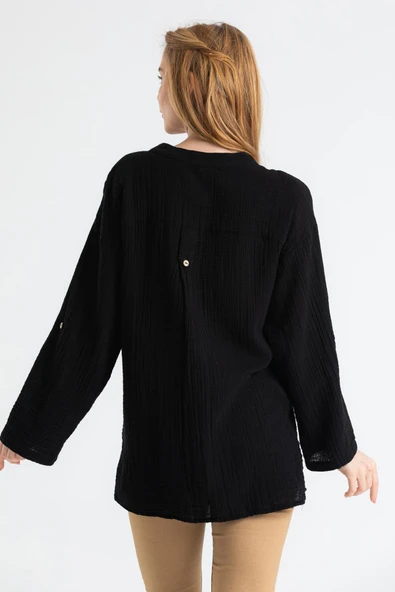 Uzun Kol Asu Yazlık Müslin Bluz Siyah Syh 4XL/5XL Siyah - Resim 4
