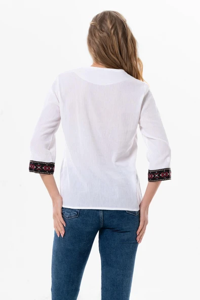 Truvakar Kol V Yaka Nakışlı Talya Şile Bezi Yazlık Bluz Beyaz Byz L Beyaz - 2