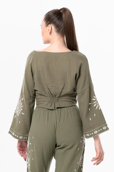 Uzun Kol Günışığı Büzgü Detaylı Yazlık Müslin Bluz Haki Hk L/XL Haki - 2