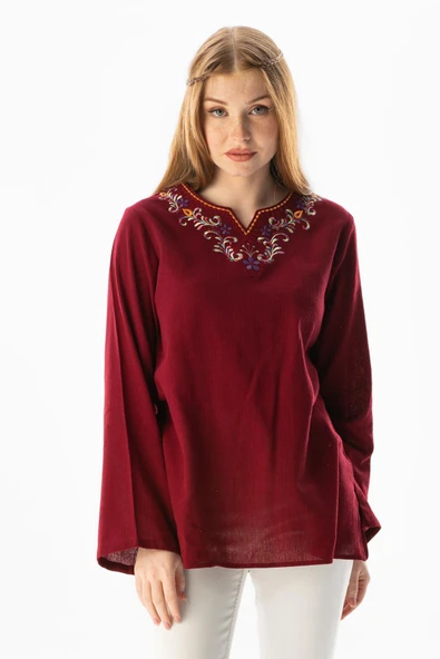 Uzun Kol Şile Bezi Gökkuşağı Nakış Detaylı Yazlık Bluz Bordo Brd S Bordo