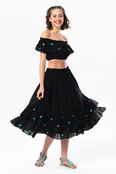 Lavinya Vual Lastik Detaylı Nakışlı Yazlık Crop Bluz Siyah Syh L/XL Siyah - Resim 5