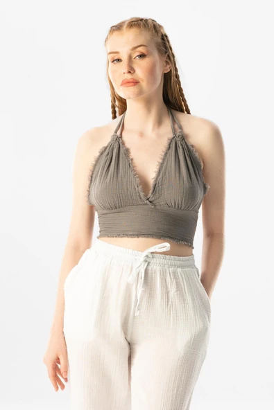 Göcek Bağlama Detaylı Yazlık Müslin Büstiyer Gri Gri L Gri - Resim 4