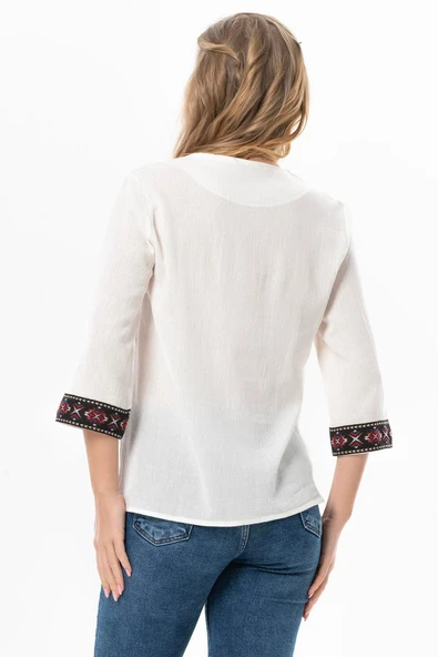 Truvakar Kol V Yaka Nakışlı Talya Şile Bezi Yazlık Bluz Krem Krm XL Krem - Resim 2