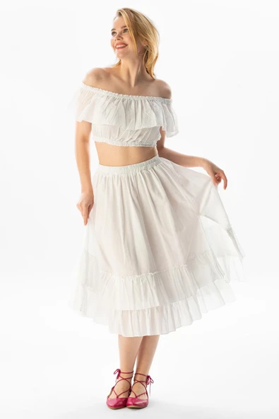 Kısa Kol Vual Lavinya Kayık Yaka Yazlık Bluz Beyaz Byz L/XL Beyaz - Resim 7