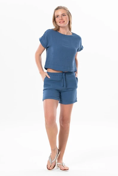 Kısa Kol İzel Yazlık Müslin Bluz İndigo indg L İndigo - 5