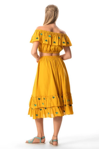 Lavinya Vual Lastik Detaylı Nakışlı Yazlık Crop Bluz Hardal Hrd S/M Hardal - Resim 2