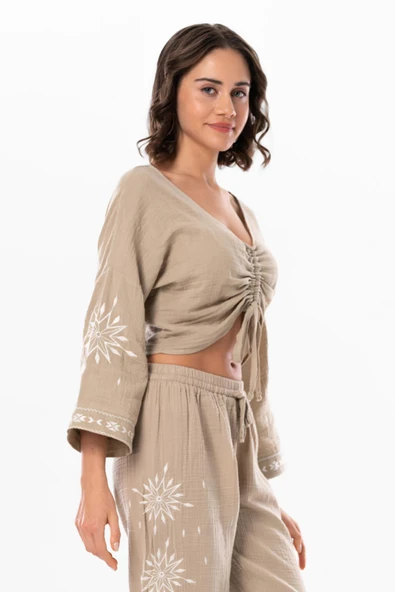 Uzun Kol Günışığı Büzgü Detaylı Yazlık Müslin Bluz Vizon Vzn 2XL-3XL Vizon - 3