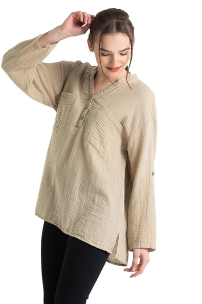 Uzun Kol Asu Yazlık Müslin Bluz Vizon Vzn L/XL Vizon - Resim 7