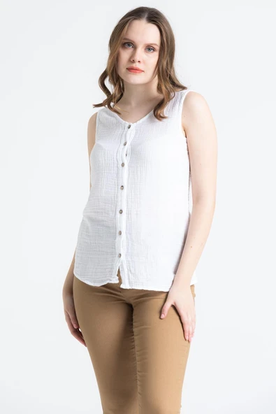 Kolsuz Melis Yazlık Müslin Bluz Beyaz Byz 2XL Beyaz - Resim 4