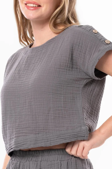 Kısa Kol İzel Yazlık Müslin Bluz Gri Gri S Gri - 3