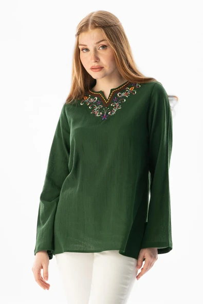 Uzun Kol Şile Bezi Gökkuşağı Nakış Detaylı Yazlık Bluz Yeşil Ysl L Yeşil - Resim 5
