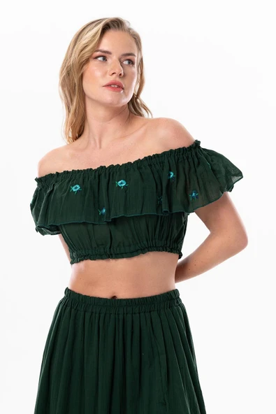 Lavinya Vual Lastik Detaylı Nakışlı Yazlık Crop Bluz Yeşil Ysl 2XL-3XL Yeşil - Resim 5