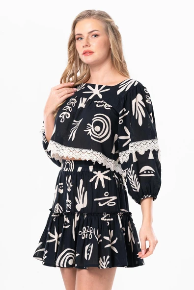 Uzun Kol Şile Bezi Akyaka Güpür Detay Yazlık Otantik Crop Bluz Siyah Syh XL Siyah