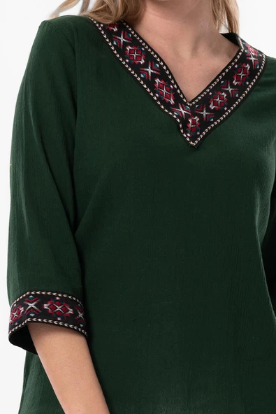 Truvakar Kol V Yaka Nakışlı Talya Şile Bezi Yazlık Bluz Yeşil Ysl S Yeşil - Resim 3