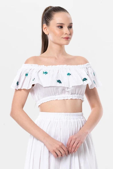 Lavinya Vual Lastik Detaylı Nakışlı Yazlık Crop Bluz Beyaz Byz 2XL-3XL Beyaz ürün görseli