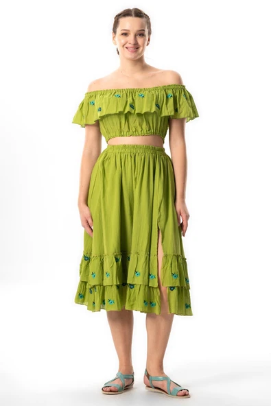 Lavinya Vual Lastik Detaylı Nakışlı Yazlık Crop Bluz Fıstık Yeşili fysl S/M Fıstık Yeşili - Resim 4