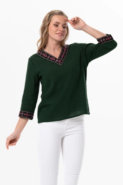 Truvakar Kol V Yaka Nakışlı Talya Şile Bezi Yazlık Bluz Yeşil Ysl S Yeşil - Resim 4