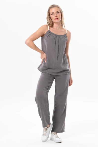 Askılı Alaçatı Yazlık Müslin Bluz Gri Gri L/XL Gri - Resim 4