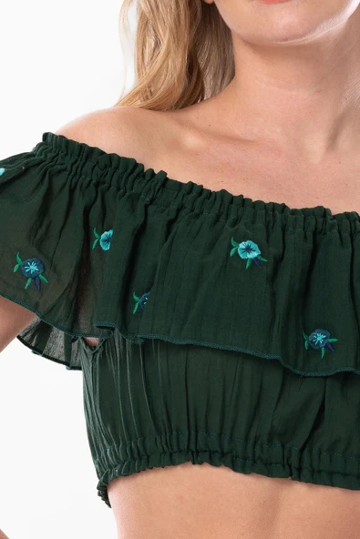 Lavinya Vual Lastik Detaylı Nakışlı Yazlık Crop Bluz Yeşil Ysl 2XL-3XL Yeşil - Resim 3