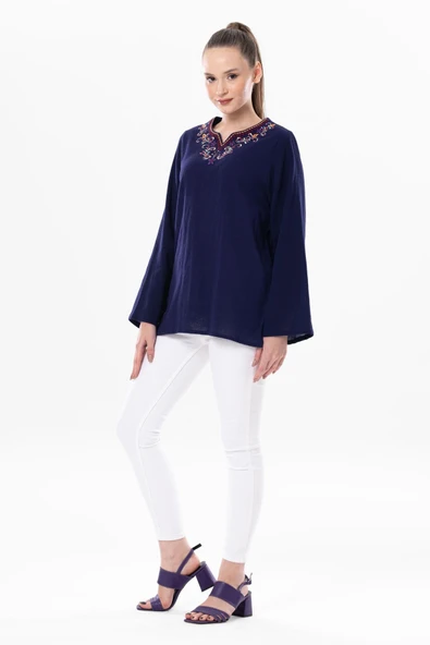 Uzun Kol Şile Bezi Gökkuşağı Nakış Detaylı Yazlık Bluz Mor Mor S Mor - Resim 5