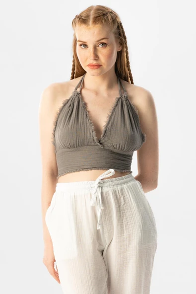 Göcek Bağlama Detaylı Yazlık Müslin Büstiyer Gri Gri 2XL Gri