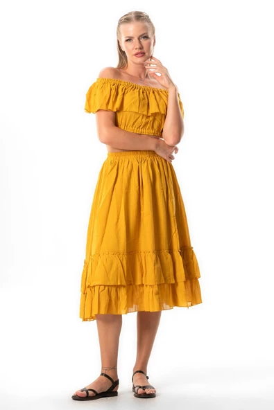 Kısa Kol Vual Lavinya Kayık Yaka Yazlık Bluz Hardal Hrd 2XL-3XL Hardal - Resim 5