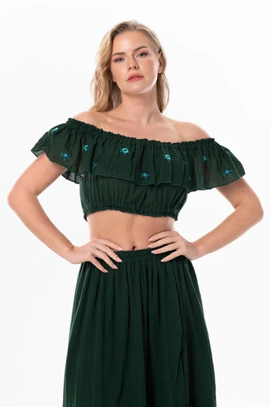 Lavinya Vual Lastik Detaylı Nakışlı Yazlık Crop Bluz Yeşil Ysl 2XL-3XL Yeşil ürün görseli