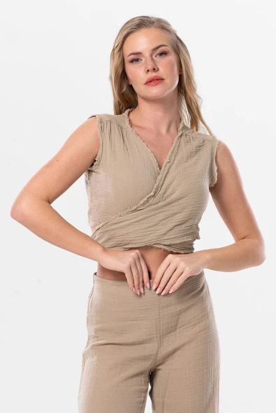 Kolsuz Deren Bel Bağlamalı Yazlık Müslin Bluz Vizon Vzn S Vizon ürün görseli