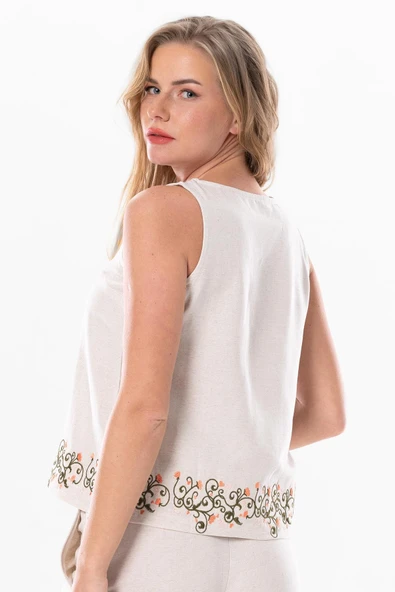 Kolsuz Hazan Keten Nakış Detaylı Yazlık Bluz Krem Krm L Krem - Resim 2