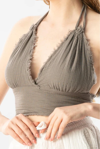 Göcek Bağlama Detaylı Yazlık Müslin Büstiyer Gri Gri 2XL Gri - 3