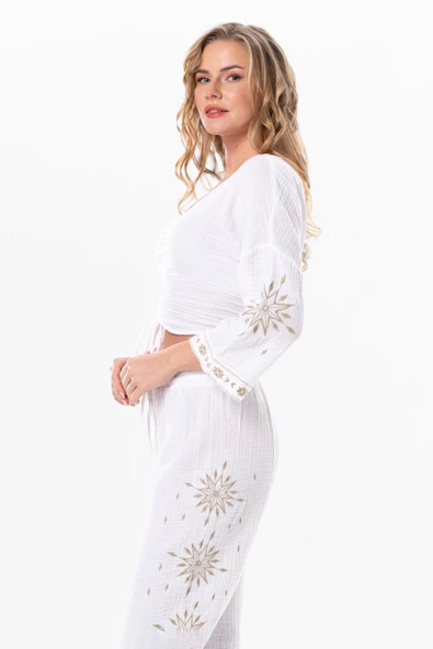 Uzun Kol Günışığı Büzgü Detaylı Yazlık Müslin Bluz Beyaz Byz 2XL-3XL Beyaz - Resim 5