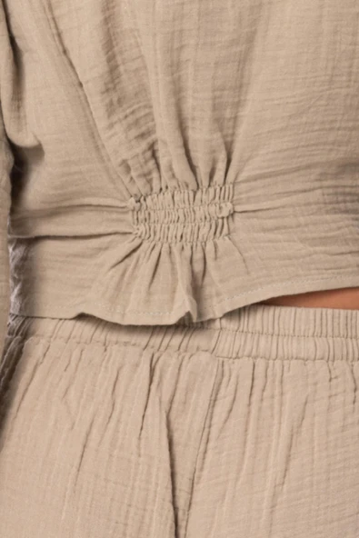 Uzun Kol Günışığı Büzgü Detaylı Yazlık Müslin Bluz Vizon Vzn L/XL Vizon - Resim 5