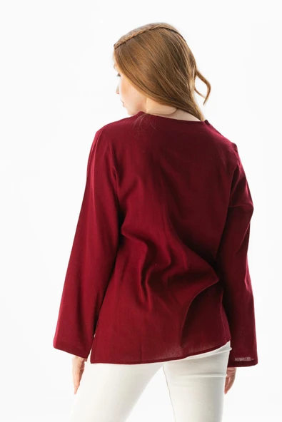 Uzun Kol Şile Bezi Gökkuşağı Nakış Detaylı Yazlık Bluz Bordo Brd S Bordo - 2